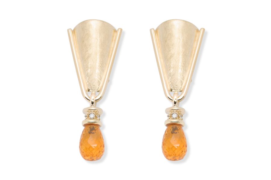Gelbgold Ohrhänger mit Mandarin Granat und Brillanten